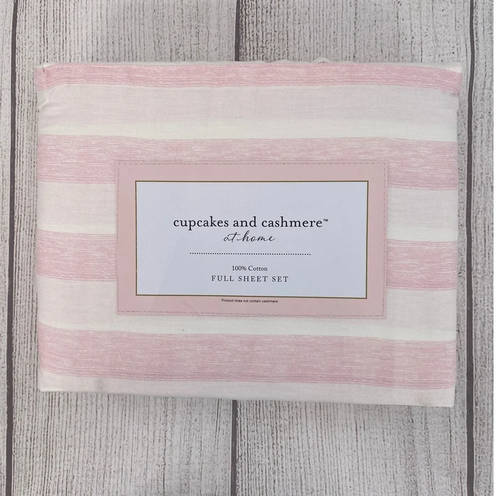 Cupcakes and Cashmere Sheet Set FULL Pink White Striped 100% Cotton Cottage